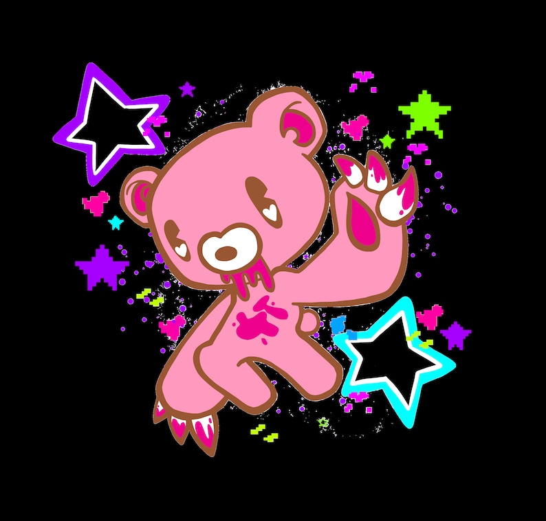 May include: Pink cartoon bear illustration with brown outlines, dripping red blood, and a menacing claw. The design includes purple, green, and blue stars on a black background. The bear has a distressed expression.