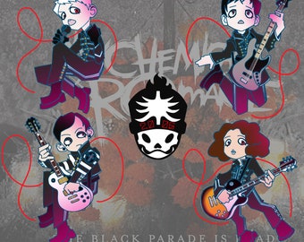 May include: Illustration of a band with four members, each holding a musical instrument. The band members are in black uniforms with red accents. The band's logo and the text "THE BLACK PARADE IS DEAD" are also visible.