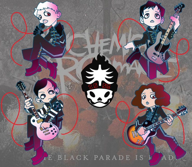 May include: An illustration of a band with four members, each holding a musical instrument. The band members are in black uniforms with red accents. The band's logo and the text "THE BLACK PARADE IS DEAD" are also visible.