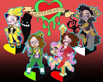 May include: A digital illustration with cartoon characters on a red and black background. The characters are in yellow, green, and red outfits. The image includes the text "SUITEHEARTS" above the characters, with a heart and green dripping effect.
