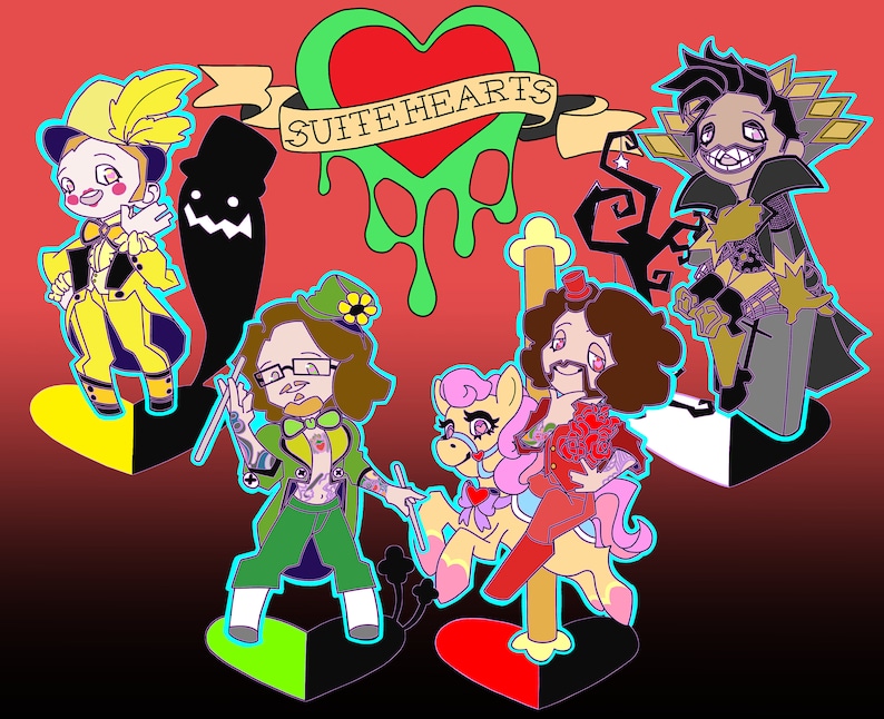 May include: A digital illustration featuring several cartoon characters with a red and black background. The characters are dressed in various outfits, including yellow, green, and red. The text "SUITEHEARTS" is displayed above the characters.