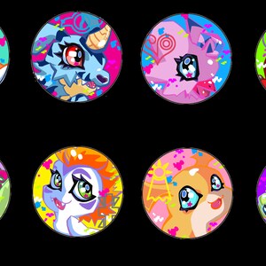 May include: Eight circular cartoon character designs in a variety of colours. Each design features a unique creature with large eyes and vibrant colour schemes, including orange, blue, pink, and green, with a splatter effect.