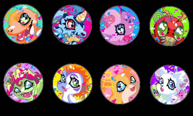 May include: Eight circular cartoon character designs in a variety of colours. Each design features a unique creature with large eyes and vibrant colour schemes, including orange, blue, pink, and green, with a splatter effect.