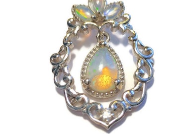 Ethiopian Welo Opal, Natural White Zircon Pendant in Platinum over Sterling Silver 1.10 ctw.