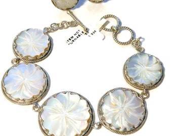 Bali Legacy White Mother of Pearl Carved Flower Bracelet (7.25") & Earrings in Sterling Silver (16.25 g)