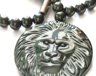 Men's Magnetic Hematite Beads Necklace (26") with Lion Charm in Silvertone