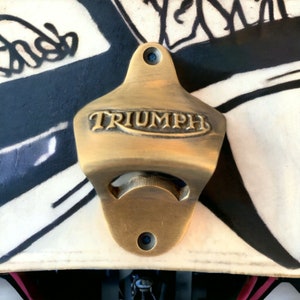 Triumph Brass bottle opener.  Unique wall mounted bottle opener. 20+ styles. Unique gift ideas.