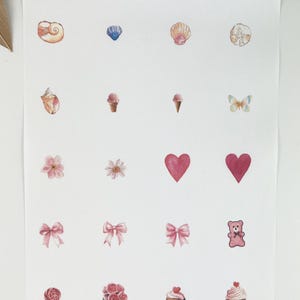 May include: A paper with watercolour illustrations of various objects. The illustrations include seashells, ice cream cones, flowers, hearts, bows, a teddy bear, a lollipop, a bouquet of roses, and cupcakes. The colour palette is primarily pink and pastel.