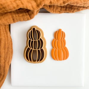 Può includere: Un set di due tagliabiscotti a forma di zucca in plastica marrone. Un tagliabiscotti è una pila di tre zucche e l'altro è una singola zucca. La zucca singola è arancione.