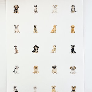 Puede incluir: Una hoja blanca con ilustraciones en acuarela de varias razas de perros. Los perros se representan sentados, mostrando una variedad de colores y patrones, incluyendo negro, marrón, blanco y beige.