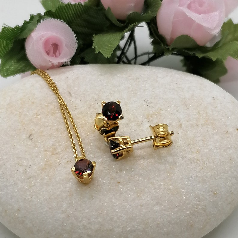 January Birthstone Garnet Silver 925 Jewelry set Garnet Yellow Gold stud earrings and necklace set