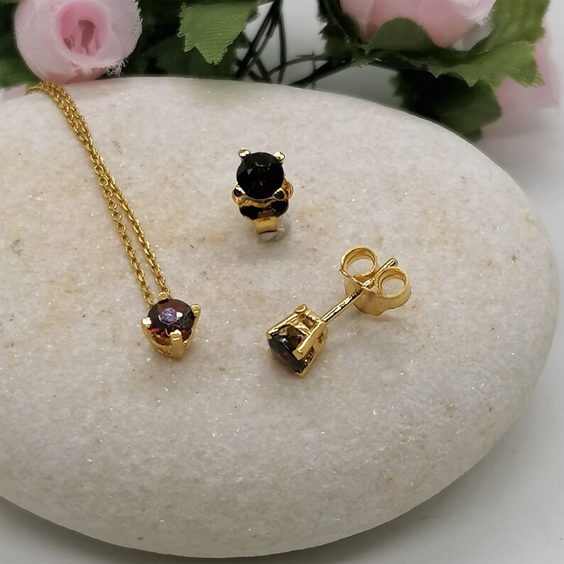 January Birthstone Garnet Silver 925 Jewelry set Garnet Yellow Gold stud earrings and necklace set