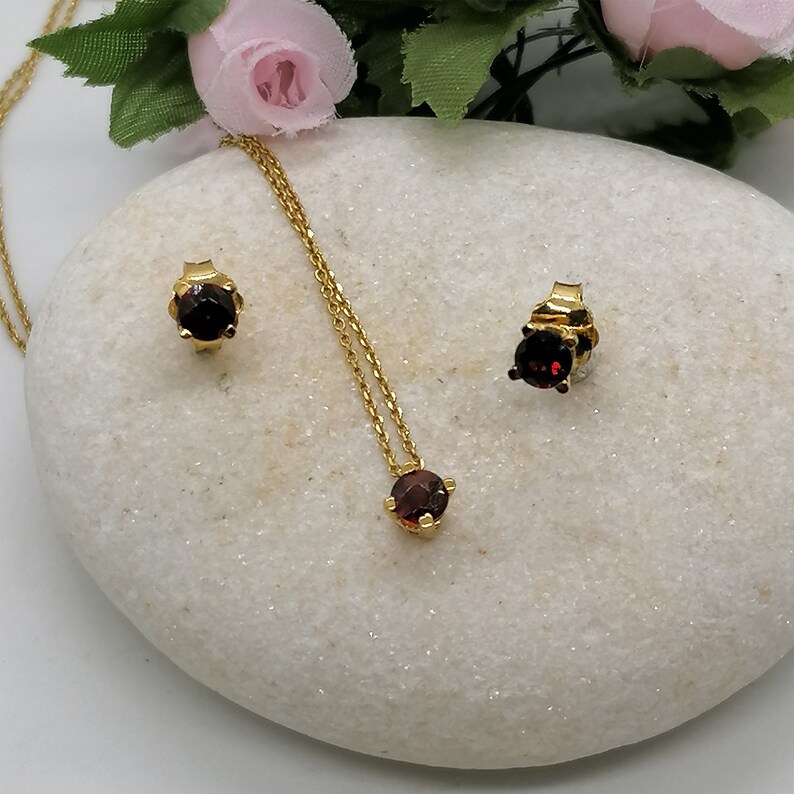 January Birthstone Garnet Silver 925 Jewelry set Garnet Yellow Gold stud earrings and necklace set