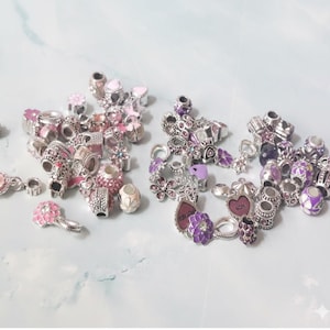 Pink, Purple Pandora Style Charms: Silver Bead Bracelet, 20 Piece Set