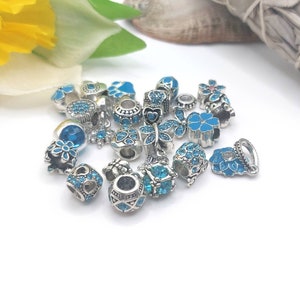 Pandora style charms, blue pink and silver beads, jewelry for snake chain bracelet, gift ideas