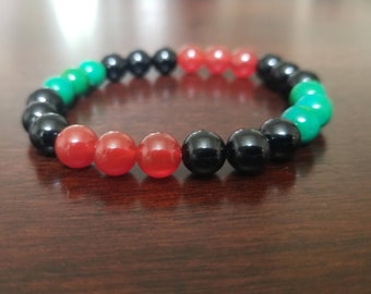 Pan African Bracelet, RBG Crystal Bracelet, Green, Red and Black Beaded Stretch Bracelet, Handmade African Gemstone Jewelry