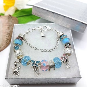 Pandora Style Bracelet Blue Pink Charm Beach Bracelet European Beads Gift Ideas Snake Chain Bracelet Oceans Breeze Charm Bracelet