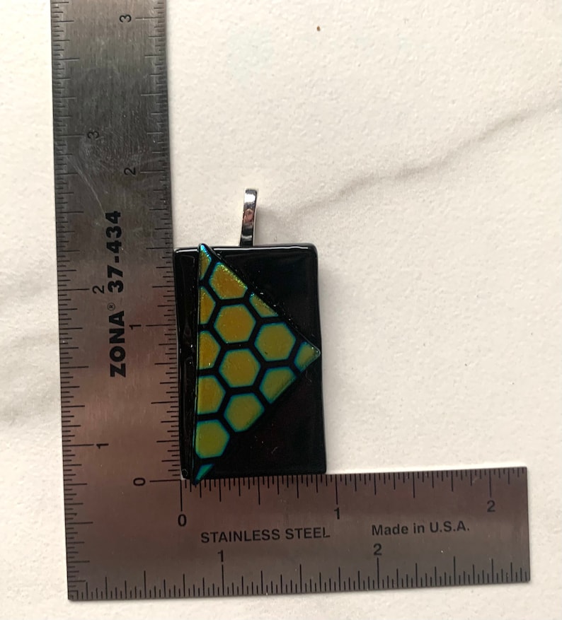 Gold and Green Honeycomb Dichroic Triangle on Rectangle Fused Glass Pendant