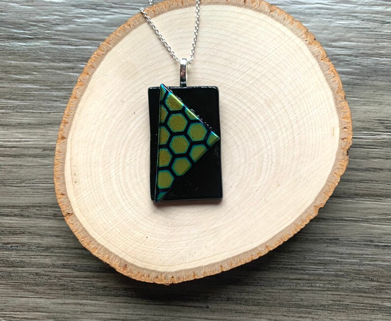 Gold and Green Honeycomb Dichroic Triangle on Rectangle Fused Glass Pendant