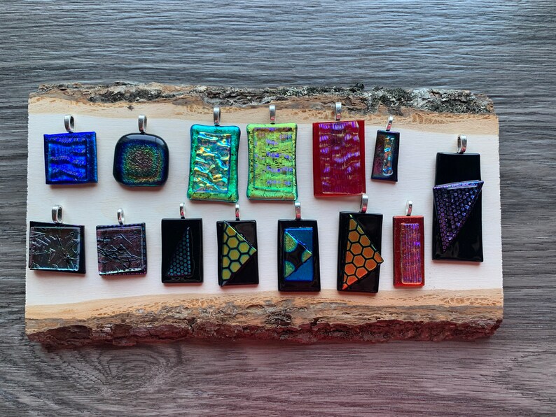 Gold and Green Honeycomb Dichroic Triangle on Rectangle Fused Glass Pendant