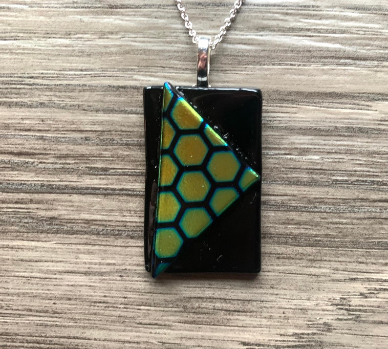 Gold and Green Honeycomb Dichroic Triangle on Rectangle Fused Glass Pendant