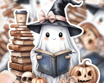 Cute reading ghost sticker, Halloween ghost Ghost reading with books, pumpkins and coffee sticker,  Cozy Fall Sticker for Laptop and Tumbler