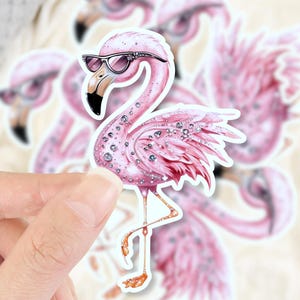 Glam Pink Flamingo Sticker, Cute Flamingo with Sunglasses tumbler vinyl sticker, Sparkly tropical beach sticker for Laptop, Journal, Planner