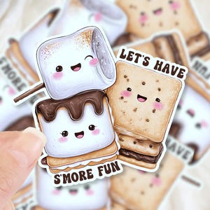 Let&#39;s Have S&#39;more Fun Sticker, Cute Campfire S’mores Vinyl Sticker, Toasted Marshmallow Camping Sticker for water bottle, journal, planner