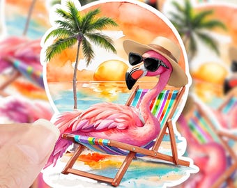Flamingo Beach Vinyl Sticker, Cute Flamingo sitting on a lounge chair sticker, Tropical Sunset Sticker for Tumblers, Journals & Laptops