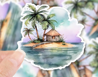 Beach Sticker, tropical vinyl sticker, palm tree and hut on island summer Sticker, Laptop Sticker, planner Sticker, water bottle sticker