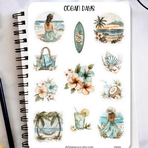 May include: A sticker sheet titled OCEAN DAYS featuring watercolor illustrations of beach scenes, a surfboard, a tote bag, tropical flowers, seashells, a coconut drink, a hammock between palm trees, a cocktail, and figures in summer attire.