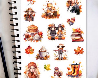May include: A sheet of fall-themed stickers with illustrations of foxes, scarecrows, leaves, coffee, boots, and more. The stickers are on a white background and have a "Fall Season" title at the top.