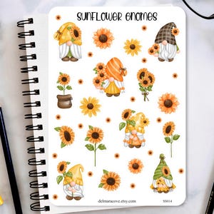 Sunflower Gnome Sticker Sheet, Gnome stickers, Sunflower stickers, planner stickers, journaling stickers, bullet journal stickers