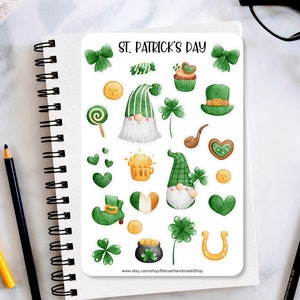 St. Patrick&#39;s Sticker Sheet, Gnome stickers, St. Patrick&#39;s day, planner stickers, journaling stickers, scrapbook, bullet journal