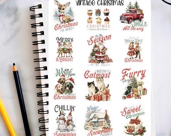 Vintage Christmas Sticker Sheet, Snowmen, Santa, Christmas tree planner stickers, journaling stickers, bullet journal stickers