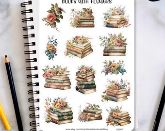 Book Sticker Sheet, Books with Flowers Sticker Sheet, planner stickers, journaling stickers, Scrapbook Stickers, bullet journal stickers