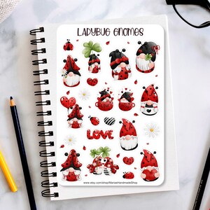Ladybug Valentine Gnomes Sticker Sheet, Gnome stickers, Ladybug valentine day stickers, love stickers, planner stickers, journaling stickers
