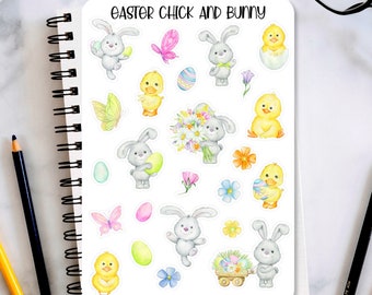 May include: A sheet of Easter themed stickers featuring bunnies, chicks, eggs, flowers, and butterflies. The stickers are watercolor illustrations with a white background. The text "Easter Chick and Bunny" is at the top of the sheet.
