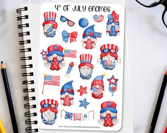 4th of July Gnome Sticker Sheet, Gnome stickers, summer stickers, planner stickers, journaling stickers, scrapbook stickers, bullet journal