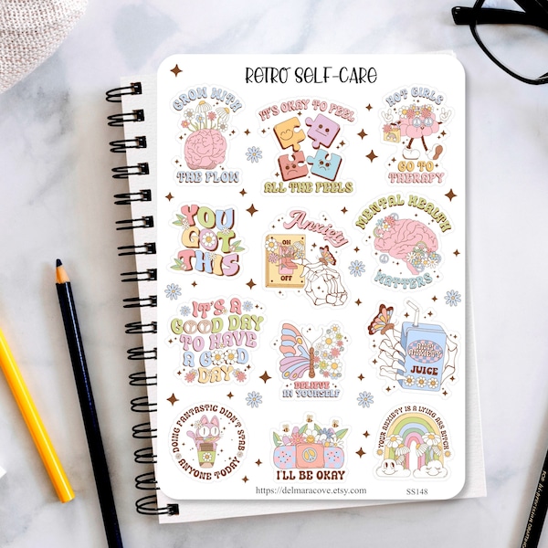 Retro Self Care planner sticker sheet, Mental health support stickers, positive mindset journaling stickers, bullet journal, encouragement