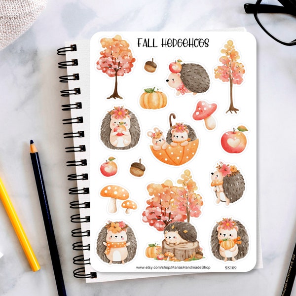 Fall Hedgehog Sticker Sheet, Hedgehog stickers, Autumn stickers, planner stickers, journaling stickers, bullet journal stickers