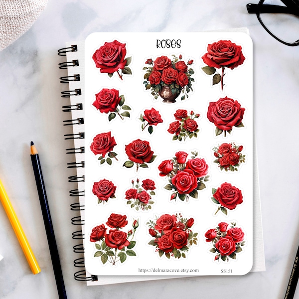 Rose Sticker Sheet, Red roses sticker sheet, planner stickers, journaling stickers, scrapbook stickers, bullet journal stickers