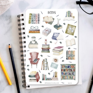 May include: A sheet of stickers featuring watercolor illustrations of books, glasses, and other book-themed imagery. The stickers are labeled "BOOKS".