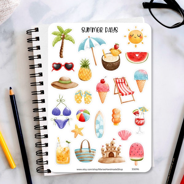 Summer Days Sticker Sheet, Summer stickers, summer doodles stickers, beach stickers, planner stickers, journaling stickers, bullet journal
