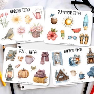 Seasonal Mini Sticker Sheets, Summer beach stickers, Fall planner decor, Winter journaling stickers, Spring theme for bullet journals