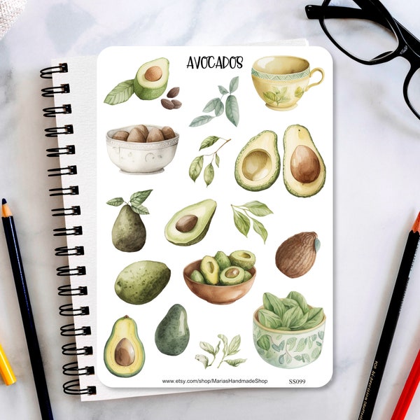 Avocado Sticker Sheet, Avocado stickers, planner stickers, journaling stickers, watercolor Avocado, bullet journal stickers