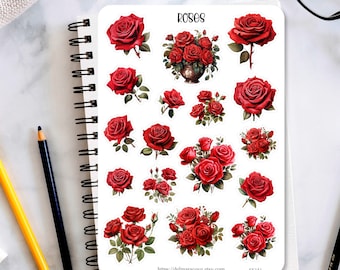 Rose Sticker Sheet, Red roses sticker sheet, planner stickers, journaling stickers, scrapbook stickers, bullet journal stickers