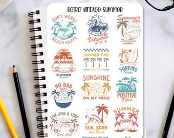 Retro Summertime Sticker Sheet, summer beach stickers, planner stickers, bullet journaling stickers, travel journal embellishment