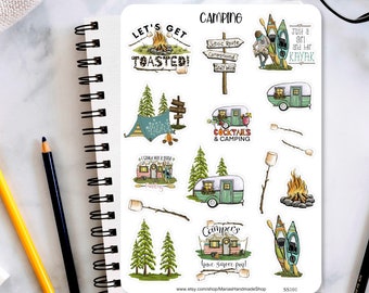 Camping Sticker Sheet, kayak stickers, summertime stickers, marshmallows, planner stickers, journaling stickers, bullet journal sticker