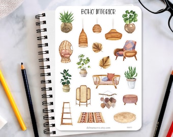 Boho Interior Sticker Sheet, Home, furniture, plants planner stickers, journaling stickers, scrapbook sticker, bullet journal stickers